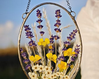 Stained Glass Lavender Panel: Framed Botanical Art, Dried Flowers