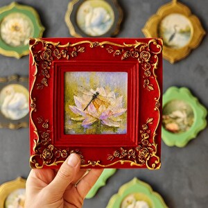 Dragonfly Framed Canvas Art, Vintage Ornate Picture Frame, Water Lily Wall Decor RED