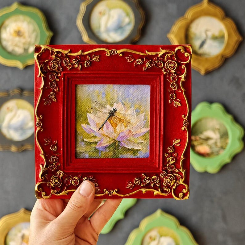 Dragonfly Framed Canvas Art, Vintage Ornate Picture Frame, Water Lily Wall Decor RED