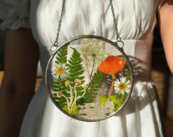 Herbarium in stained glass frame, real wildflower and mushroom, pressed flower art, original artwork and unique gift
