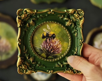 Miniature Bee Wall Art in Ornate Green Frame | Bumblebee Painting | Nature Lover Gift