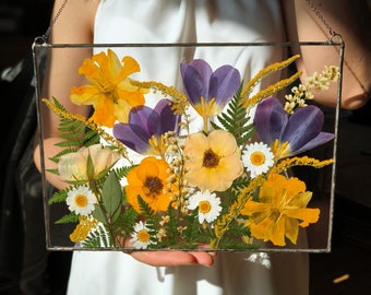 Large stained glass pressed flower frame, botanical wall art, suncatcher