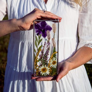 Long vertical stained glass panel, Dried flower bouquet in handmade floating frame