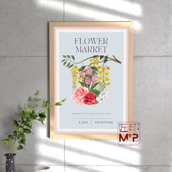 Laos Flower Market Travel Poster, Rose Tulip illustration Print, Floral Botanical Wall Art, Vientiane Honeymoon Souvenir, Travel lover gift