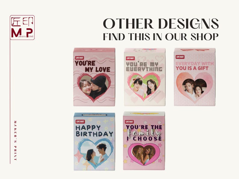 Pode incluir: Uma cole&ccedil;&atilde;o de caixas de presente personalizadas com recortes de fotos em forma de cora&ccedil;&atilde;o. As caixas apresentam frases como "You're My Love", "You're My Everything" e "Happy Birthday". O texto "Other Designs, Find This In Our Shop" tamb&eacute;m &eacute; vis&iacute;vel.