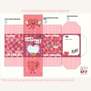 Pode incluir: Um modelo de caixa de presente rosa do Dia dos Namorados com ilustra&ccedil;&otilde;es de cora&ccedil;&otilde;es de desenhos animados e o texto "Happy Valentine's Day". O design inclui uma janela em forma de cora&ccedil;&atilde;o, espa&ccedil;o para uma foto e &aacute;reas para mensagens. A caixa &eacute; personaliz&aacute;vel.