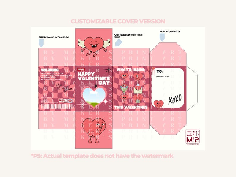 Pode incluir: Um modelo de caixa de presente rosa do Dia dos Namorados com ilustra&ccedil;&otilde;es de cora&ccedil;&otilde;es de desenhos animados e o texto "Happy Valentine's Day". O design inclui uma janela em forma de cora&ccedil;&atilde;o, espa&ccedil;o para uma foto e &aacute;reas para mensagens. A caixa &eacute; personaliz&aacute;vel.