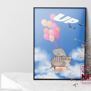Up Movie Parody: Flying Cat Art, Tabby Cat Print, Funny Cute Digital Art, Cat Sky Poster, Cat Lover Gift, Pet Wall Art, Movie Spoof
