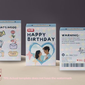 May include: Three blue boxes with a happy birthday theme. The first box has a list of items inside, the second box has a photo frame with a heart shape and the text "Happy Birthday", and the third box has a warning label with the text "This is a collectible item. This exclusive collection can only be open by (name). Made with love by (name)."