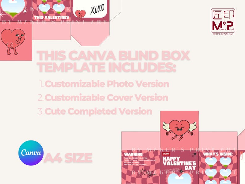 Pode incluir: Modelo de caixa cega Canva rosa com tema de Dia dos Namorados. Inclui vers&otilde;es personaliz&aacute;veis de foto, capa e conclu&iacute;da. Apresenta gr&aacute;ficos de cora&ccedil;&atilde;o, o texto "XOXO" e "Happy Valentine's Day". Tamanho A4.