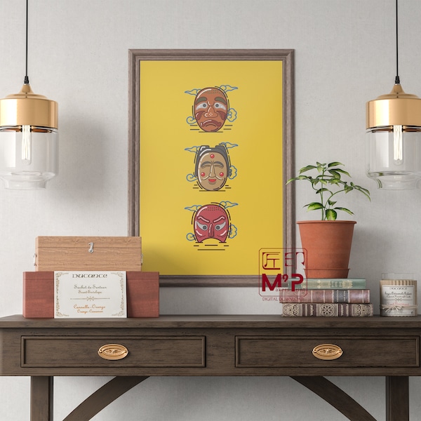 Korean Traditional Mask Wall Art Print, Good Fortune Luck Charm Manifestation, Zen Home Décor, Minimal Oriental Folk Art, Gift Seoul Travel