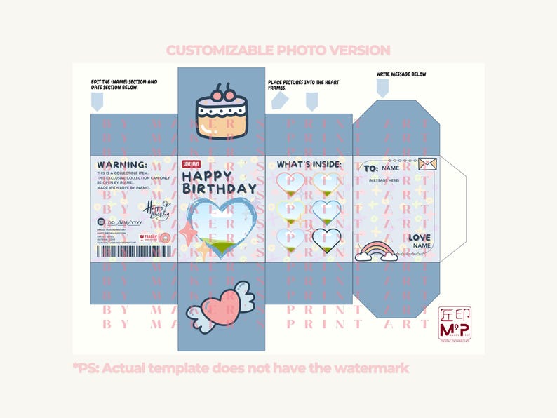 May include: A printable birthday card template with a blue background and pink accents. The card features a heart with a window to insert a photo, a cake, and the text "Happy Birthday".