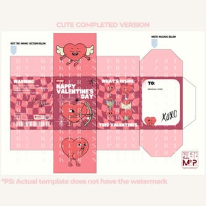 Pode incluir: Um modelo de caixa de presente rosa do Dia dos Namorados com ilustra&ccedil;&otilde;es de cora&ccedil;&otilde;es de desenhos animados. A caixa apresenta o texto "Happy Valentine's Day" e "What's Inside". Inclui espa&ccedil;o para escrever uma mensagem e a palavra "XOXO".