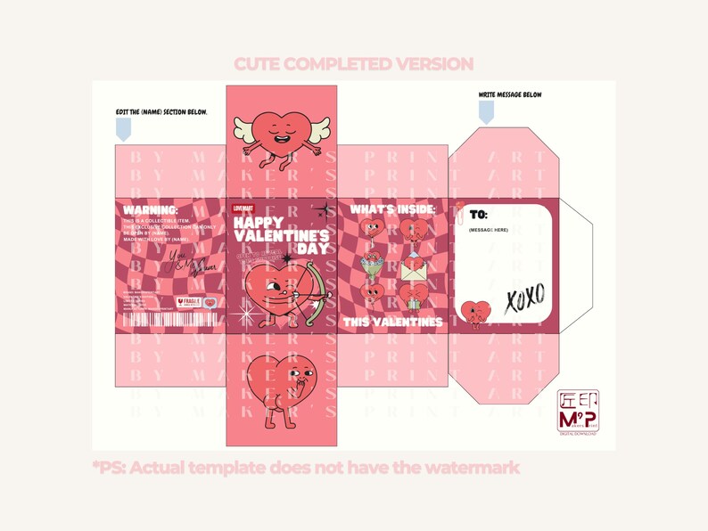 Pode incluir: Um modelo de caixa de presente rosa do Dia dos Namorados com ilustra&ccedil;&otilde;es de cora&ccedil;&otilde;es de desenhos animados. A caixa apresenta o texto "Happy Valentine's Day" e "What's Inside". Inclui espa&ccedil;o para escrever uma mensagem e a palavra "XOXO".