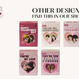 May include: Five pink and white gift boxes with different messages and photos. The messages include "Happy Valentine's Day", "You're My Everything", "Everyday With You Is A Gift", "You're My Love", and "You're The Family I Choose".