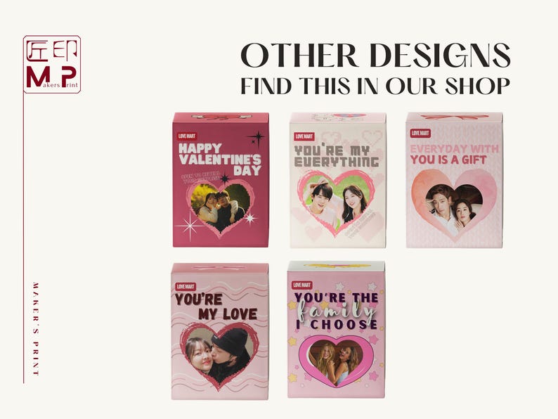 May include: Five pink and white gift boxes with different messages and photos. The messages include "Happy Valentine's Day", "You're My Everything", "Everyday With You Is A Gift", "You're My Love", and "You're The Family I Choose".