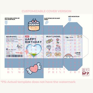 May include: A customizable birthday box template with a blue background and pink and white accents. The box features a heart-shaped window, a cake, a rainbow, and the text "Happy Birthday".