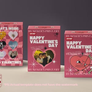 Pode incluir: Tr&ecirc;s caixas de presente rosa do Dia dos Namorados. Uma caixa diz "What's Inside: This Valentines" com recortes em forma de cora&ccedil;&atilde;o. As outras duas caixas dizem "Happy Valentine's Day" com uma foto e um cora&ccedil;&atilde;o de desenho animado com arco e flecha.