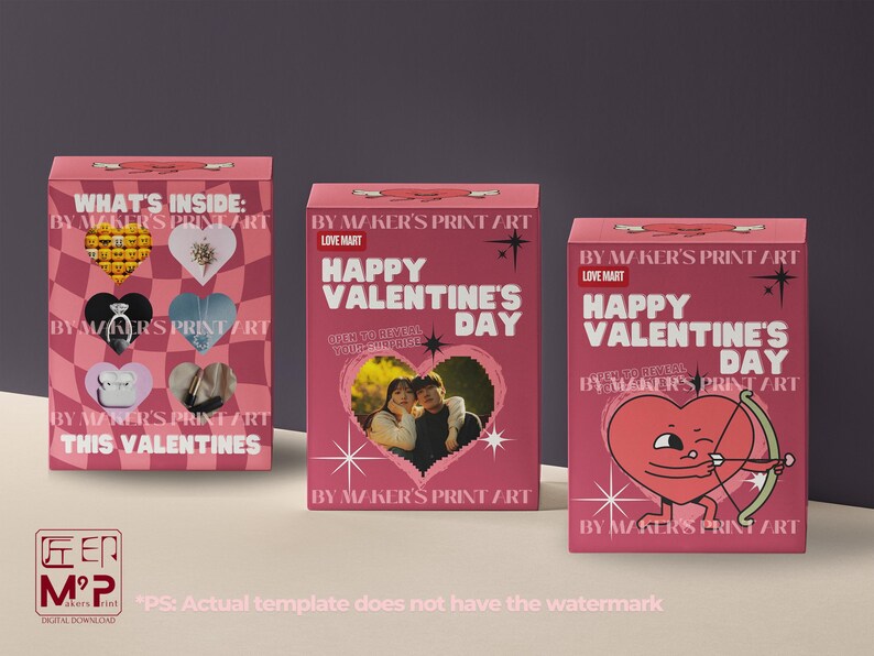 Pode incluir: Tr&ecirc;s caixas de presente rosa do Dia dos Namorados. Uma caixa diz "What's Inside: This Valentines" com recortes em forma de cora&ccedil;&atilde;o. As outras duas caixas dizem "Happy Valentine's Day" com uma foto e um cora&ccedil;&atilde;o de desenho animado com arco e flecha.