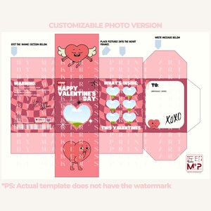 Pode incluir: Um modelo de caixa de presente de Dia dos Namorados rosa e personaliz&aacute;vel. O design apresenta cora&ccedil;&otilde;es de desenho animado com asas e pernas, juntamente com o texto "Happy Valentine's Day". Inclui &aacute;reas para fotos e mensagens.