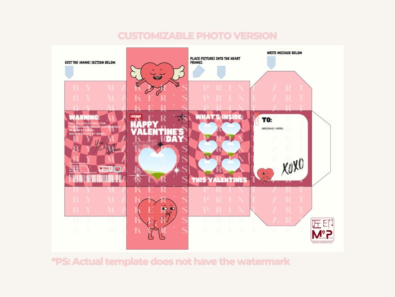 Pode incluir: Um modelo de caixa de presente de Dia dos Namorados rosa e personaliz&aacute;vel. O design apresenta cora&ccedil;&otilde;es de desenho animado com asas e pernas, juntamente com o texto "Happy Valentine's Day". Inclui &aacute;reas para fotos e mensagens.