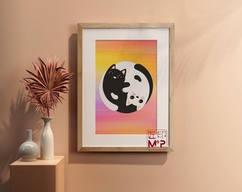 Feng Shui Lucky Cat Art, Yin Yang Cat Decor, Manifest Good Fortune Lucky Cats, Spiritual Zen Gift, Oriental Asian Mythology, Cat Lover Gift