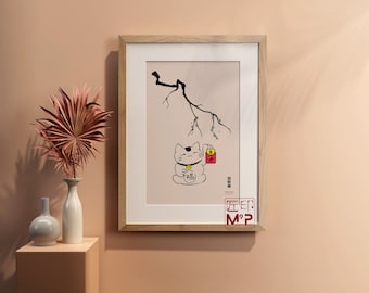 Maneki Neko Print: Wealth Manifestation Art, Minimalist Cat Wall Decor, Japanese Lucky Cat, Manifest Good Fortune, Gift for Cat Lover