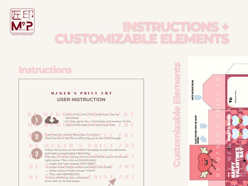 Pode incluir: Download digital com instru&ccedil;&otilde;es e elementos personaliz&aacute;veis para uma caixa cega do Dia dos Namorados. O design inclui um cora&ccedil;&atilde;o com asas, instru&ccedil;&otilde;es e o texto "Happy Valentine's Day".