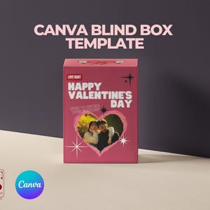 Pode incluir: Um modelo de caixa cega Canva rosa com o texto "Happy Valentine's Day" e uma foto em forma de cora&ccedil;&atilde;o. A caixa tem um logotipo que diz "Love Mart". O fundo &eacute; um gradiente de cinza escuro e bege.