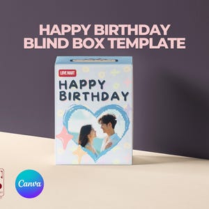 Szablon pudełka na niespodzianki z okazji urodzin: DIY Surprise Gift Box, urocze ilustracje, niebieskie pudełko prezentowe w 3 wariantach, prezent miłosny, styl Pop Mart