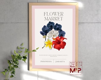 Arte Floral Indonésia, Pôster de Viagem a Bali, Estampa de Flores Tropicais, Presente com Ilustração de Flores, Lembrança de Lua de Mel, Arte Digital para Mercado de Flores