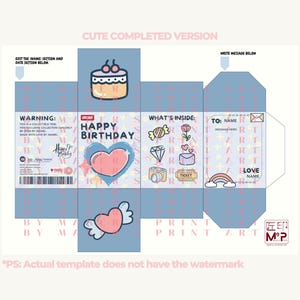 May include: A printable birthday gift box template with a blue and pink color scheme. The box features a cake, a heart, a rainbow, and the words "Happy Birthday".