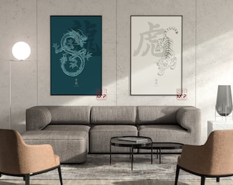 Conjunto de 2 pôsteres de dragão e tigre Feng Shui, arte tradicional chinesa, Manifest Abundância, Sorte, decoração espiritual, impressão Feng Shui