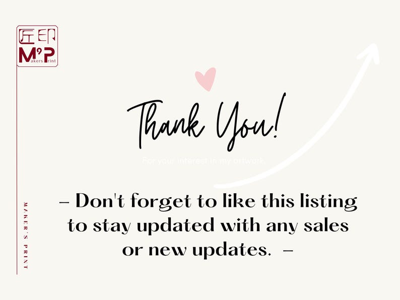 May include: A white background with a pink heart and black text that says "Thank You!" and "Don't forget to like this listing to stay updated with any sales or new updates."