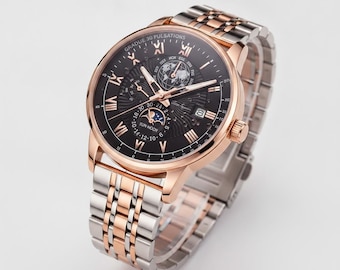 Reloj de cuarzo de lujo para hombre, bicolor oro rosa y plata, con estuche de regalo y esfera multifunción.