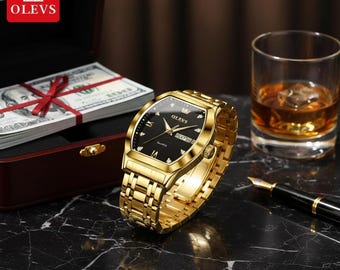 High Quality Simulated Diamond Men's OLEVS Watch-include box original, Men Gold Watch,Gold Watch