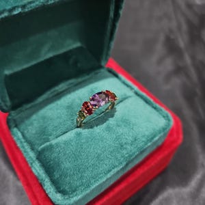 18K Gold Finish Ring, Oval cut Ruby & Purple ,Green Simulated Diamond CZ, Waterproof Band