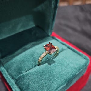 14K Gold Finish Ring, 2.5.0ct Emerald Cut Ruby Simulated Diamond CZ, Waterproof Band.