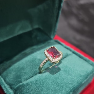 14K Gold Finish Ring, 2.5.0ct Emerald Cut Ruby Simulated Diamond CZ, Waterproof Band