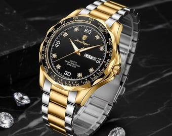 Poedagar Men's Watch: Stainless Steel, Simulated Diamonds, Day/Date Analog Display