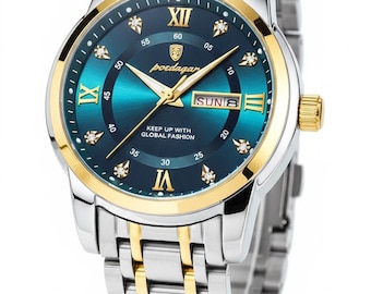 Poedagar Gold Tone Men's Watch | Black Dial Watch | Simulated Diamond Bezel | Luxury Day Date Watch | Stainless Steel Bracelet | Gift