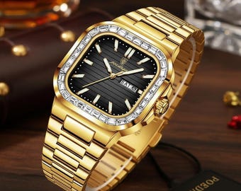 Men's Poedagar Watch: Simulated Diamonds, Stainless Steel, Analog Display, Day/Date Feature,Men watch,watch men,men jewelry