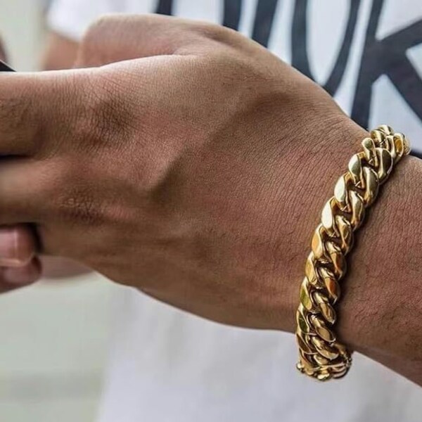 Bracelet à maillons cubains rempli d'or jaune 18 carats, bracelet gourmette, bracelet pour homme, bracelet cubain à miami, bracelet pour homme, bracelet à maillons cubains pour homme