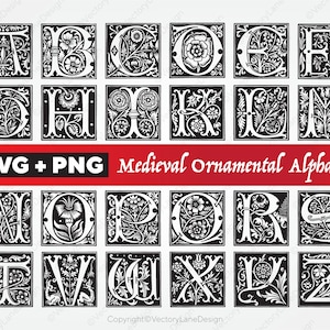 Alfabeto ornamentale medievale SVG, Lettere illuminate, Lettere ornate, Monogram svg bundle, Lettere gotiche, Clipart medievale, Uso commerciale