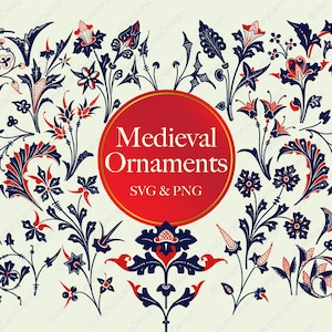 Pacote de ornamentos medievais SVG, flores e folhas medievais, ornamentos iluminados, clipart vetorial medieval, PNG SVG medieval, uso comercial