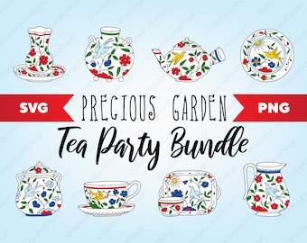 Könnte beinhalten: Ein Set aus acht Tee-Artikeln mit floralem und Vogel-Design. Das Set beinhaltet eine Teekanne, eine Zuckerdose, eine Milchkännchen, zwei Teetassen und Untertassen, einen Teller und ein Tablett. Die Artikel sind alle weiß mit einem blauen, roten und gelben Blumenmuster und einem kleinen Vogel auf jedem Stück.