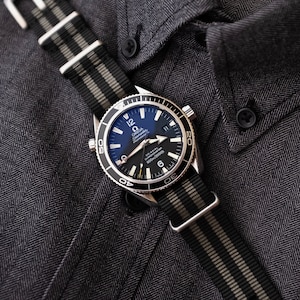 May include: A silver wristwatch with a blue dial and black bezel, paired with a black and grey striped nylon strap. The watch is displayed on a dark grey herringbone shirt.