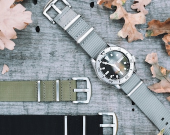 Könnte beinhalten: Eine silberfarbene Uhr mit schwarzem Zifferblatt und grauem Nylonarmband wird zusammen mit zwei weiteren Uhrenarmbändern in Olivgrün und Schwarz gezeigt. Die Uhr und die Armbänder liegen auf einer Holzoberfläche mit Herbstblättern.