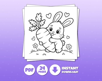 Happy Rabbit Coloring Book | 24 Pages Simple Spring Bunnies, Eggs (Digital Download)