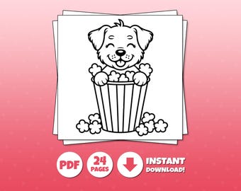 24 Page Kawaii Dog Coloring Book, Puppy Illustrations, Instant Download